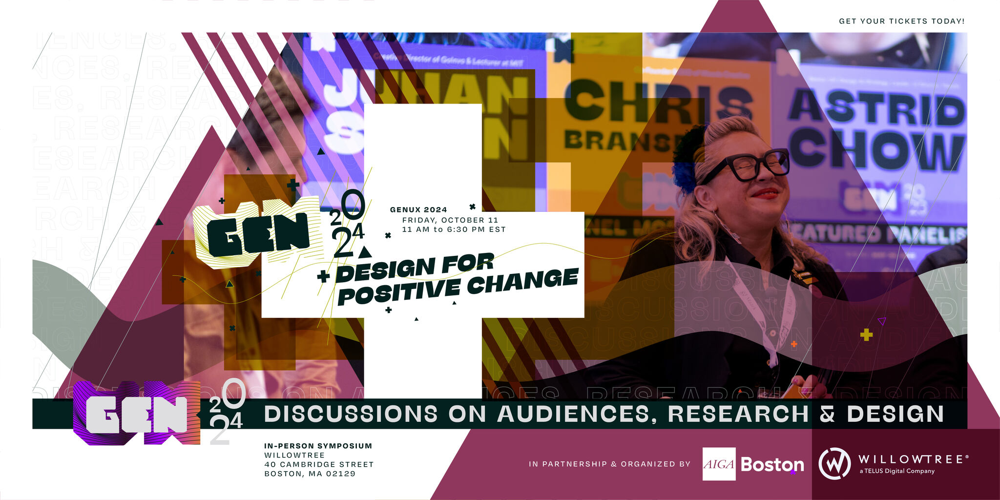 GEX UX 2024 Design for Positive Change, Friday October 11th, 11 AM to 6:30 PM EST. Organized in partnership by AIGA Boston and Willowtree